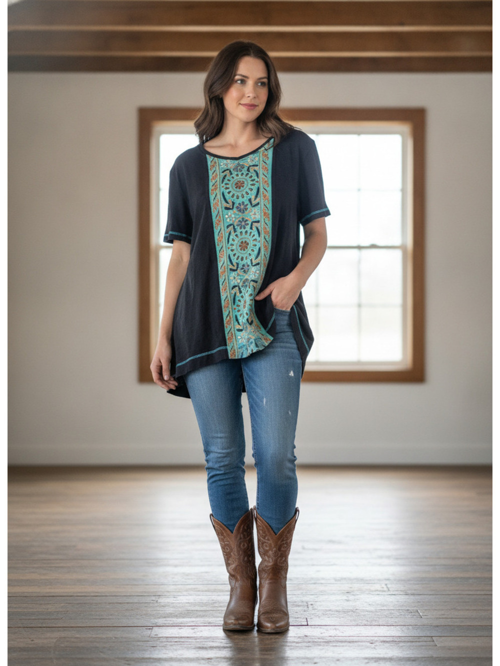 1569 - Double D Ranch Black & Turquoise Beaded and Embroidered Tunic Top Size M